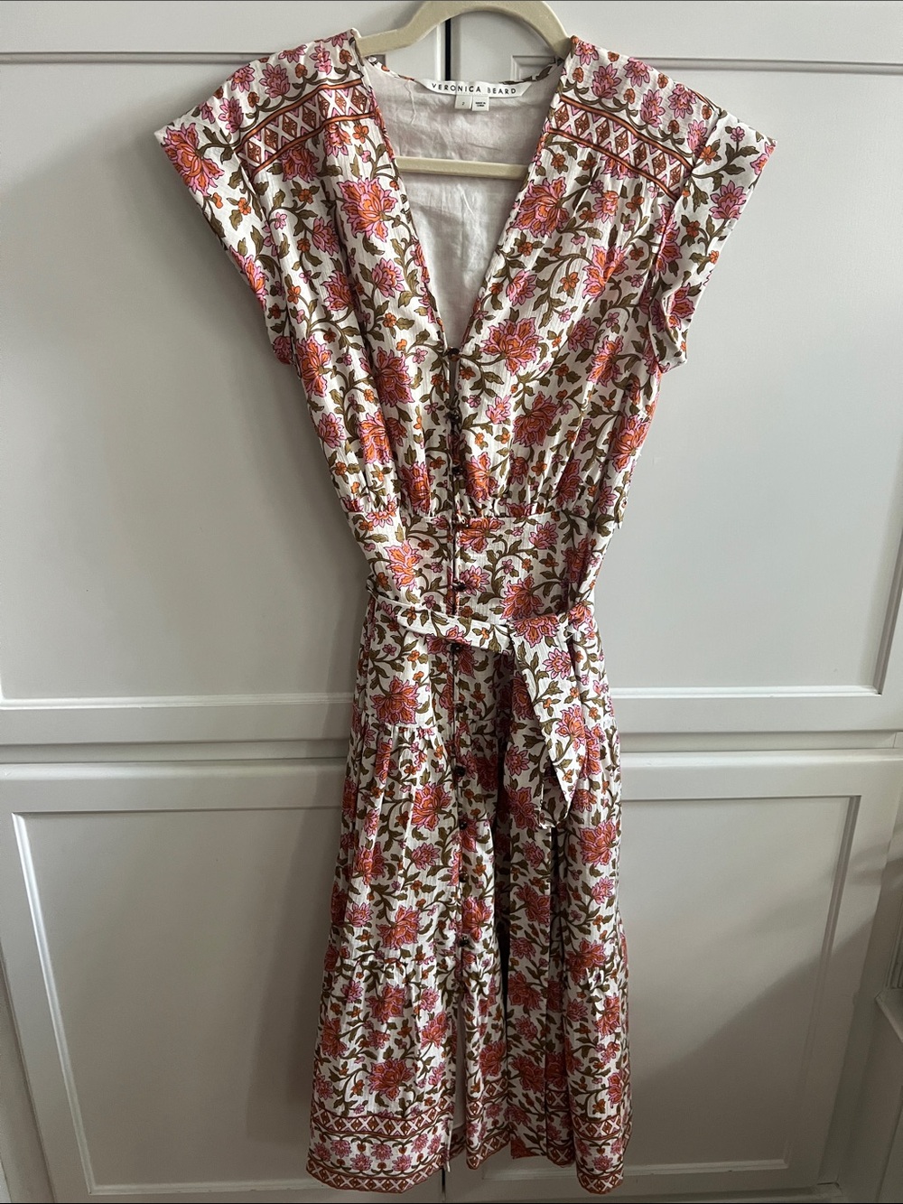 Veronica Beard Ivory Midi Dress with Coral & Olive Floral